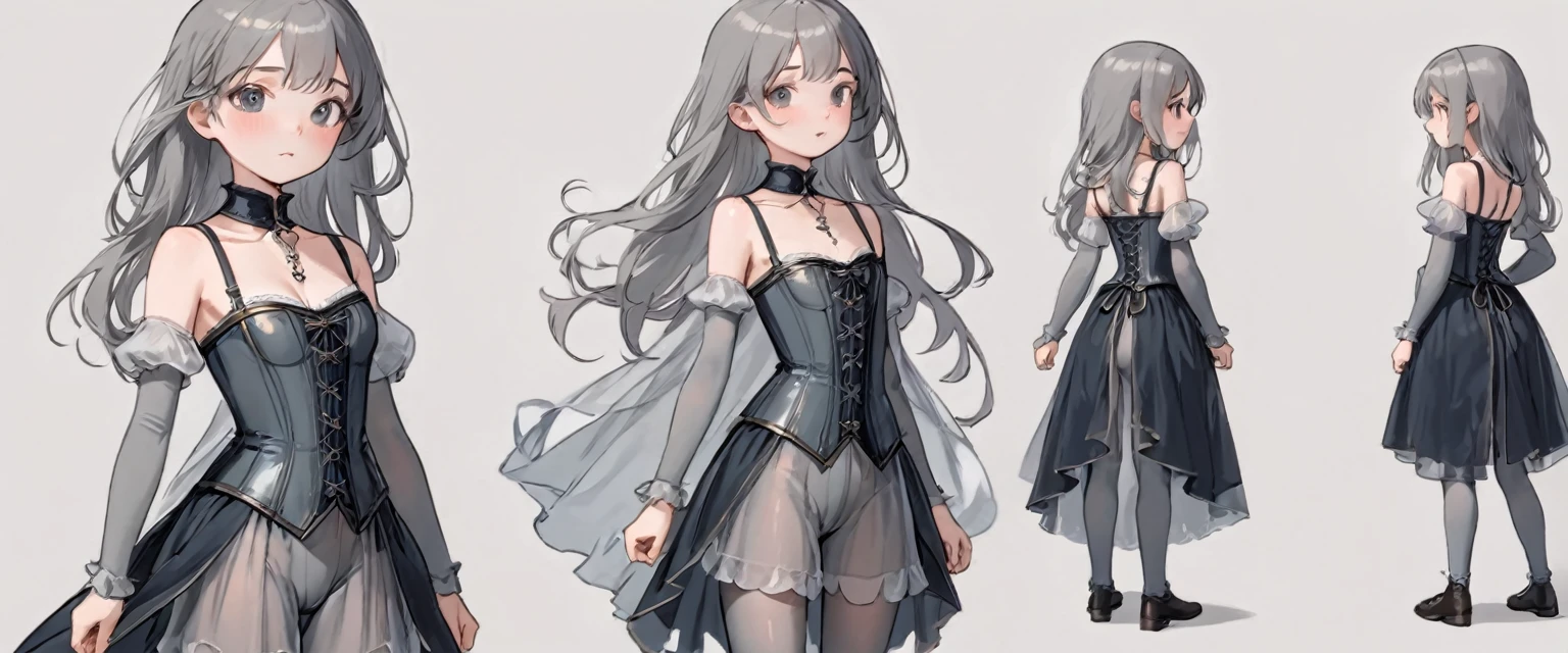 8 year old medieval girl, underwear姿、Translucent knee-length drawers(underwear)Wearing、Wearing a semi-transparent corset、Translucent slip, Grey translucent tights