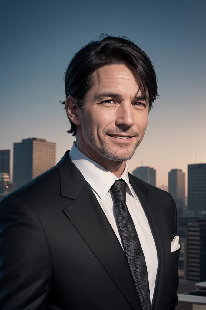 A white man of approximately forty-five years old, short black hair,sarcastic laughter, Looking towards the camera, striking look, dressed in a tailored suit against an apocalyptic backdrop.