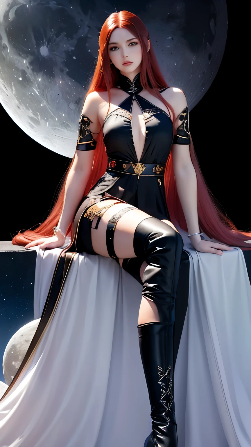 realism, Moon Queen sitting on a crescent moon 8k resolution, solo, long red-blonde hair, skirt, simple background, brown hair, shirt, black hair, tall sox, white background, blue eyes, boots, black highs, black footwear, tall boots, crossed arms, t-shirt