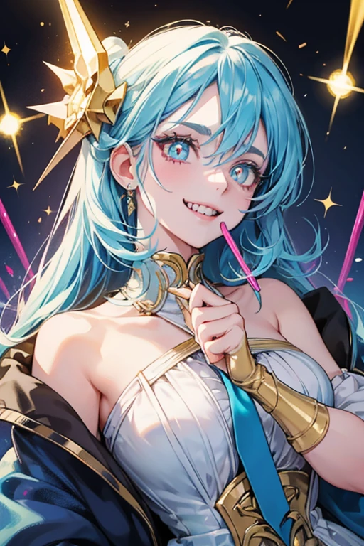  Her light blue and gold colors changes to pink and she now has a bitten straw, her left handle is broken and she now has evil-looking yellow eyes with black and red pupils, a maniacal smile and sharp teeth. Her eyelashes seem to be missing. SPARKLE; GLITTE