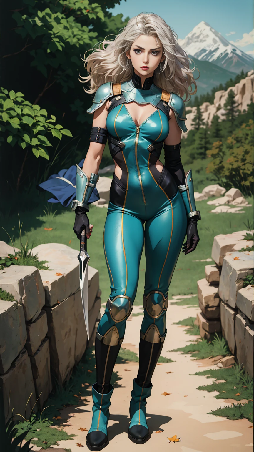 (((full body photo))),A middle-aged beautiful woman, long platinum-blond hair, neatly combed hair, a square face, a serious expression, sharp eyes, tall figure, a dark fantasy-realistic style bodysuit, short sleeve, a silver-white chestplate, gloves with metal accessories, three metal blades extending from the gloves, tight-fitting pants that match the bodysuit, silver-white metal shin guards, boots, the background is a mountain forest at night, with falling leaves, this character embodies a finely crafted fantasy-realistic style assassin in anime style, characterized by an exquisite and mature manga illustration art style, high definition, best quality, highres, ultra-detailed, ultra-fine painting, extremely delicate, professional, anatomically correct, symmetrical face, extremely detailed eyes and face, high quality eyes, creativity, RAW photo, UHD, 8k, Natural light, cinematic lighting, masterpiece-anatomy-perfect, masterpiece:1.5