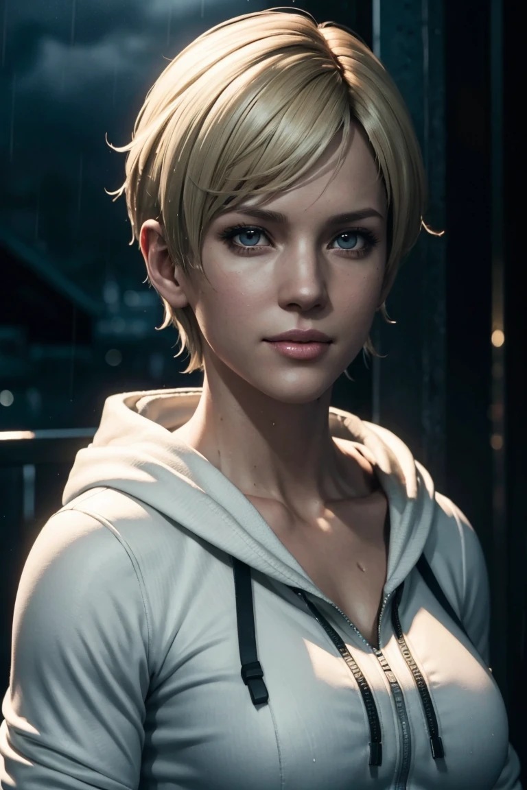 Resident Evil 6,Shelley,Short Hair,Blonde Hair,White hoodie,Cold protection,neck warmer,Photorealistic,Ultra HD,high quality,masterpiece,Digital SLR,Detailed details,Intricate details,Anatomical basis,Depicted in detail,A detailed face,Realistic skin texture,Vivid details,Perfect Anatomy,Perfect Anatomy,Anatomically correct hand,Anatomically correct fingers,Super Detail,Complex 3D rendering,Sexy pose,Rainy Sky,Beautiful scenery,Fantastic rainy sky,Picturesque,Pink Lips,smile,
