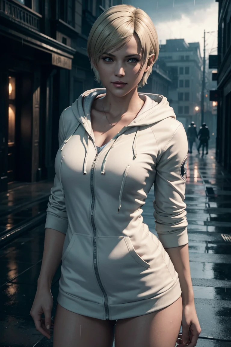 Resident Evil 6,Shelley,Short Hair,Blonde Hair,White hoodie,Cold protection,neck warmer,Photorealistic,Ultra HD,high quality,masterpiece,Digital SLR,Detailed details,Intricate details,Anatomical basis,Depicted in detail,A detailed face,Realistic skin texture,Vivid details,Perfect Anatomy,Perfect Anatomy,Anatomically correct hand,Anatomically correct fingers,Super Detail,Complex 3D rendering,Sexy pose,Rainy Sky,Beautiful scenery,Fantastic rainy sky,Picturesque,Pink Lips,smile,