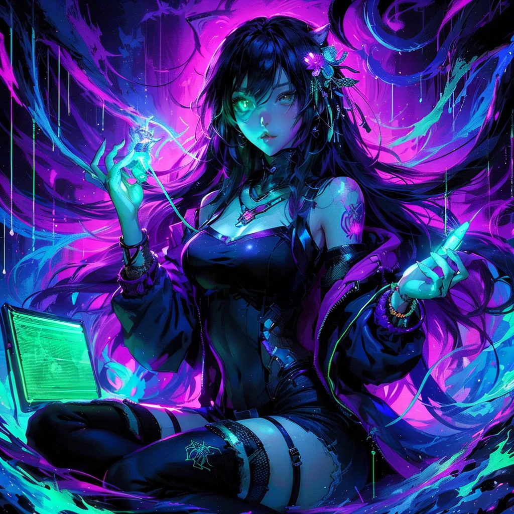 a woman sitting on top of a box next to a cat, artstyle : ilya kuvshinov, shiny colorful, sexy girl wearing shorts, black jeans, medibang, characters merged, anime like