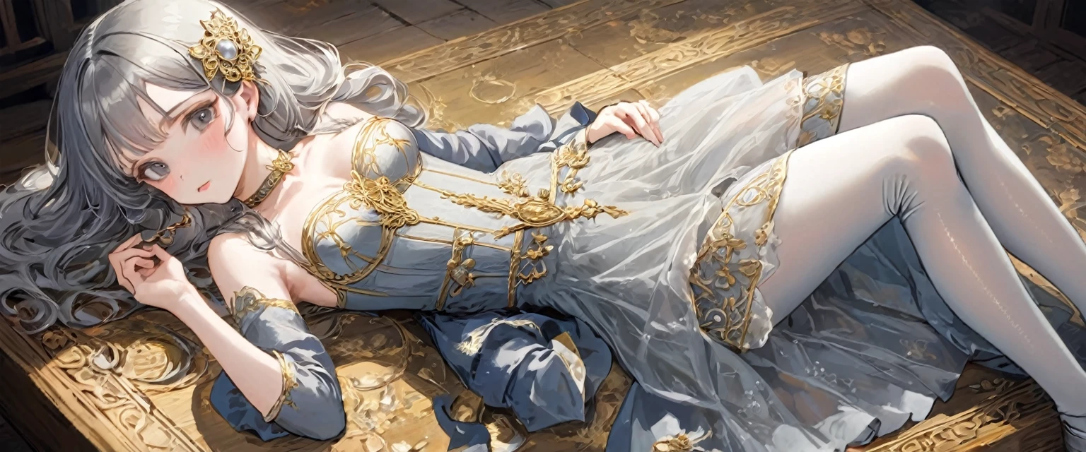 Girls in the Middle Ages、 Gold and silver embroidery、underwear姿、Knee-length semi-transparent drawers(With lace)(underwear)Wearing、Wearing a semi-transparent corset、 Grey translucent tights、Lying down、White Grey Pearl Medieval Long Dress