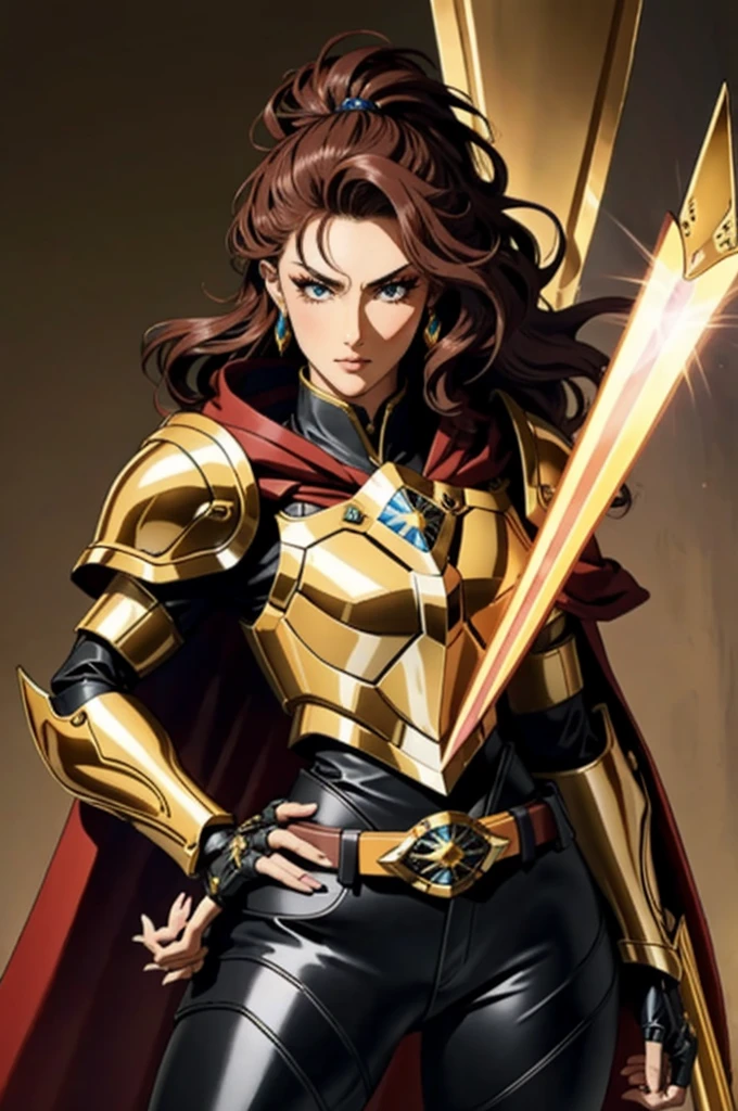 (masterpiece:1.2), (best quality:1.2), perfect eyes, perfect face, volumetric lighting, 1girl, tall mature female warrior, muscular, long hair, pompadour cut, heavy mecha armor, huge pauldrons, gauntlets, cloak, belt, spear, leather pants, stern expression, makeup, lipstick, eyeshadow, mascara, thick eyelashes, dark fantasy, outdoor, detailed background, hand on hip