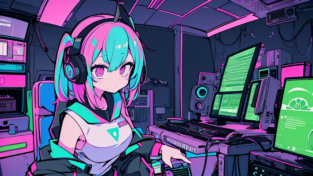Best quality, (masterpiece:1.2), best detail face,1 girl, big breasts, 18 yo, 8k,absurdres,unity 8k wall paper,(extremely detailed:1.3), highest realistic, (retro headphones:1.1), (soft neon light:1.1), (floating hair:1.2), (psychedelic:1.2), Her room full of music equipment and plants, Leaning back on the chair with a casual attitude, Light clothing in summer, dark color palette
