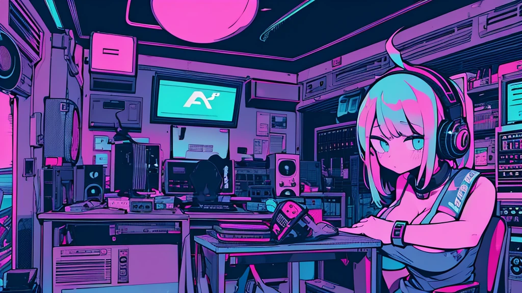 Best quality, (masterpiece:1.2), best detail face,1 girl, big breasts, 18 yo, 8k,absurdres,unity 8k wall paper,(extremely detailed:1.3), highest realistic, (retro headphones:1.1), (soft neon light:1.1), (floating hair:1.2), (psychedelic:1.2), Her room full of music equipment and plants, Leaning back on the chair with a casual attitude, Light clothing in summer, dark color palette