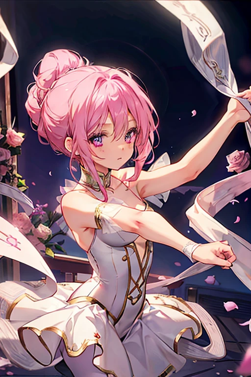 A pink haired woman with violet eyes with an hourglass figure in a ballet uniform with her hair in a bun is catching roses on stage