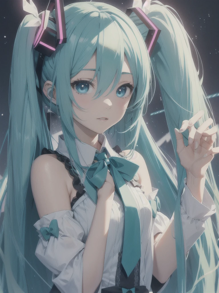 Hatsune Miku is sitting in the distance。
She is wearing a white off-the-shoulder dress。
A girl who looks like a Minato Ward girl。