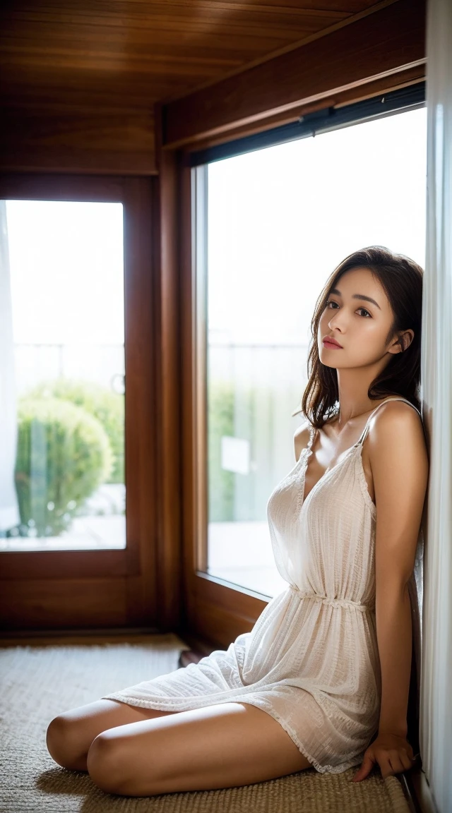Dark brown hair、Light brown eyes、Japanese actress、 Lady、I am about 40 years old..、(Intricate details:1.2)、(Which one is on top??:1.4)、 (Ultra-high resolution:1.2)、Ultra-high resolution、(Finely tuned)、(Detailed facial features)、Hmph、8K resolution、D cup size breasts、Long Hair、Large windows、Extravagant space、relax、、,Full body photo、Head to toe shot、Beautiful legs、Camisole dress、Beautiful legs、A refreshing room filled with sunlight、she, household items,   (plant:0.8), Fashion Hub, Extreme Detail, Very detailed, Realistic, Hourglass-shaped body, Obscene pose,、、私 cry a lot、tears、person on the left、White wall、White floor、diagonally from below、Please lift your chin、テーブルの上にsit、relaxした表情、Pose of Weakness、(auraroid photo:1.2)、From outside the window、Transparent Painting、8K、32k、Highest quality、(Details of both eyes)、1 Girl、elegant、(Loose dress :1.4)、sunset、sit、(Low Angle、From what angle do you see this?:1.2)、Hilarious、Leaning against a wall、