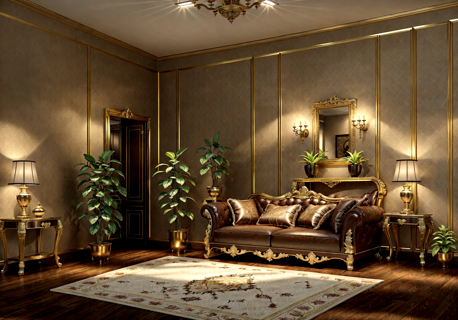 a luxurious interior, ornate decor, finely detailed furniture, potted plants, warm lighting, realistic, cinematic lighting, 8k, high quality, extremely detailed, high resolution