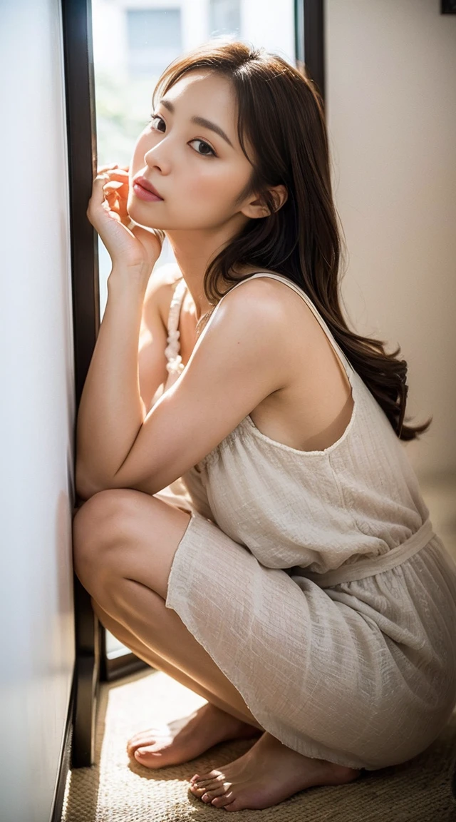 Dark brown hair、Light brown eyes、Japanese actress、 Lady、I am about 40 years old..、(Intricate details:1.2)、(Which one is on top??:1.4)、 (Ultra-high resolution:1.2)、Ultra-high resolution、(Finely tuned)、(Detailed facial features)、Hmph、8K resolution、D cup size breasts、Long Hair、Large windows、Extravagant space、relax、、,Full body photo、Head to toe shot、Beautiful legs、Camisole dress、Beautiful legs、A refreshing room filled with sunlight、she, household items,   (plant:0.8), Fashion Hub, Extreme Detail, Very detailed, Realistic, Hourglass-shaped body, Obscene pose,、、私 cry a lot、tears、person on the left、White wall、White floor、diagonally from below、Please lift your chin、テーブルの上にsit、relaxした表情、Pose of Weakness、(auraroid photo:1.2)、From outside the window、Transparent Painting、8K、32k、Highest quality、(Details of both eyes)、1 Girl、elegant、(Loose dress :1.4)、sunset、sit、(Low Angle、From what angle do you see this?:1.2)、Hilarious、Leaning against a wall、