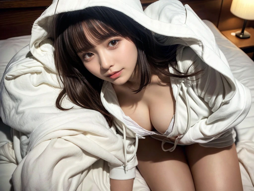 Innocent 20 year old girl、((White hoodie with open chest,Wearing a hood,Dramatic poses)),Smile,short-cut,hotel room background,Raw photo, (8K、top-quality、masterpiece:1.2)、(intricate detailes:1.4)、(Photorealsitic:1.4)、octane renderings、Complex 3D rendering ultra detail, Studio Soft Light, Rim Lights, vibrant detail, super detailing, realistic skin textures, Detail Face, Beautiful detail eyes, Very detailed CG Unity 16k wallpaper, make - up, (detailedbackground:1.2), shinny skin, Full body、From head to thigh、cleavage of the breast,((Sleep facing up、lying, Angle looking down from above))