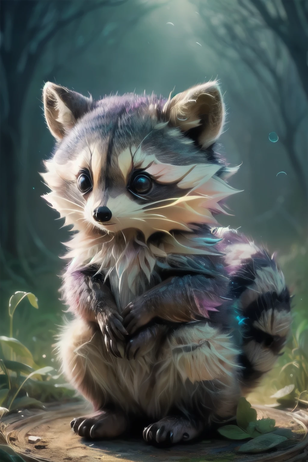 Cute raccoon in a surreal, dreamy fantasy scene、Detailed digital illustration、8K、Very detailed、Very realistic、Photorealistic、Bright colors、Dramatic lighting、Intricate details、Whimsical、magical realism、Soft pastel tones、Shine、Ethereal、Mysterious、Mysterious、Imaginative、Conceptual