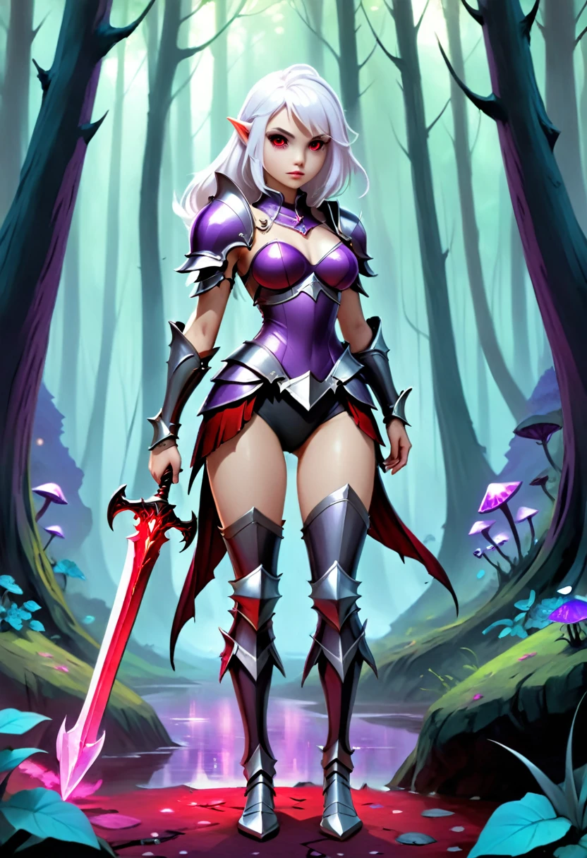 score_9, score_8_up, score_7_up, Beautiful Alluring female knight, Mythology Fantasy Theme, purple Skin, long white hair, red eyes, small breasts, magical dark bioluminescent mushroom forest, Barely Clothed, gothic spiked bikini armor, D&D, Digital Art, Full Body Shot