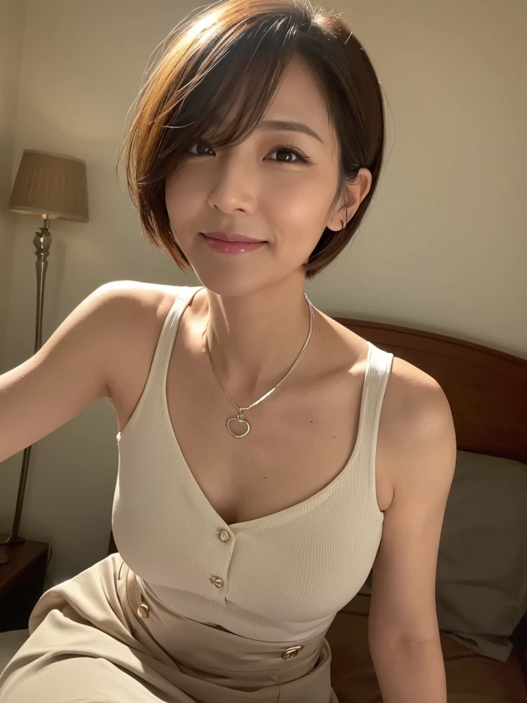 最high quality, 8K, Vibrant, Sharp focus, high quality, High resolution, Middle-aged women, 49 years old,(Wrinkles around the eyes),(wrinkles around the mouth), (whole body),(Very slim and delicate body), High heels, Highly detailed eyes, Thick lips,Plump face,Sleeveless shirt with buttons and collar,Long skirt,Love hotel room,Short Hair,A kind smile、Less exposure