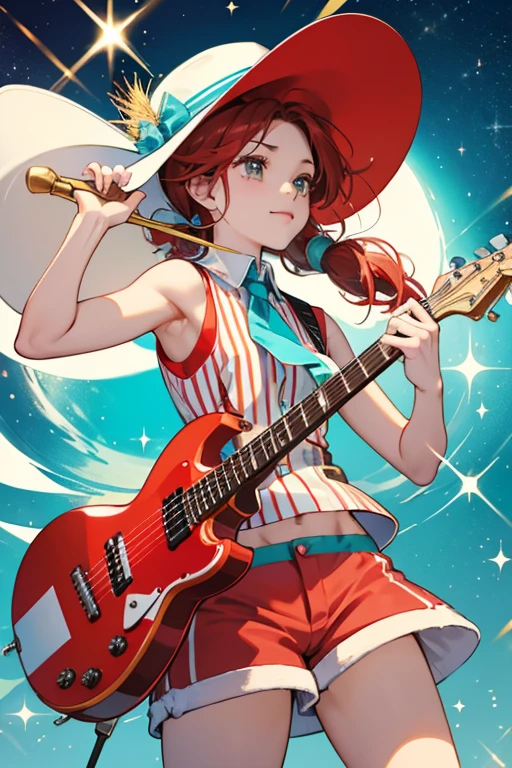 she wears a white hat with a red stripe on it, a turquoise sleeveless shirt, and red and white striped shorts. sHe also has cymbals strapped onto his hands. SPARKLE; GLITTER