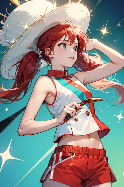 she wears a white hat with a red stripe on it, a turquoise sleeveless shirt, and red and white striped shorts. sHe also has cymbals strapped onto his hands. SPARKLE; GLITTER