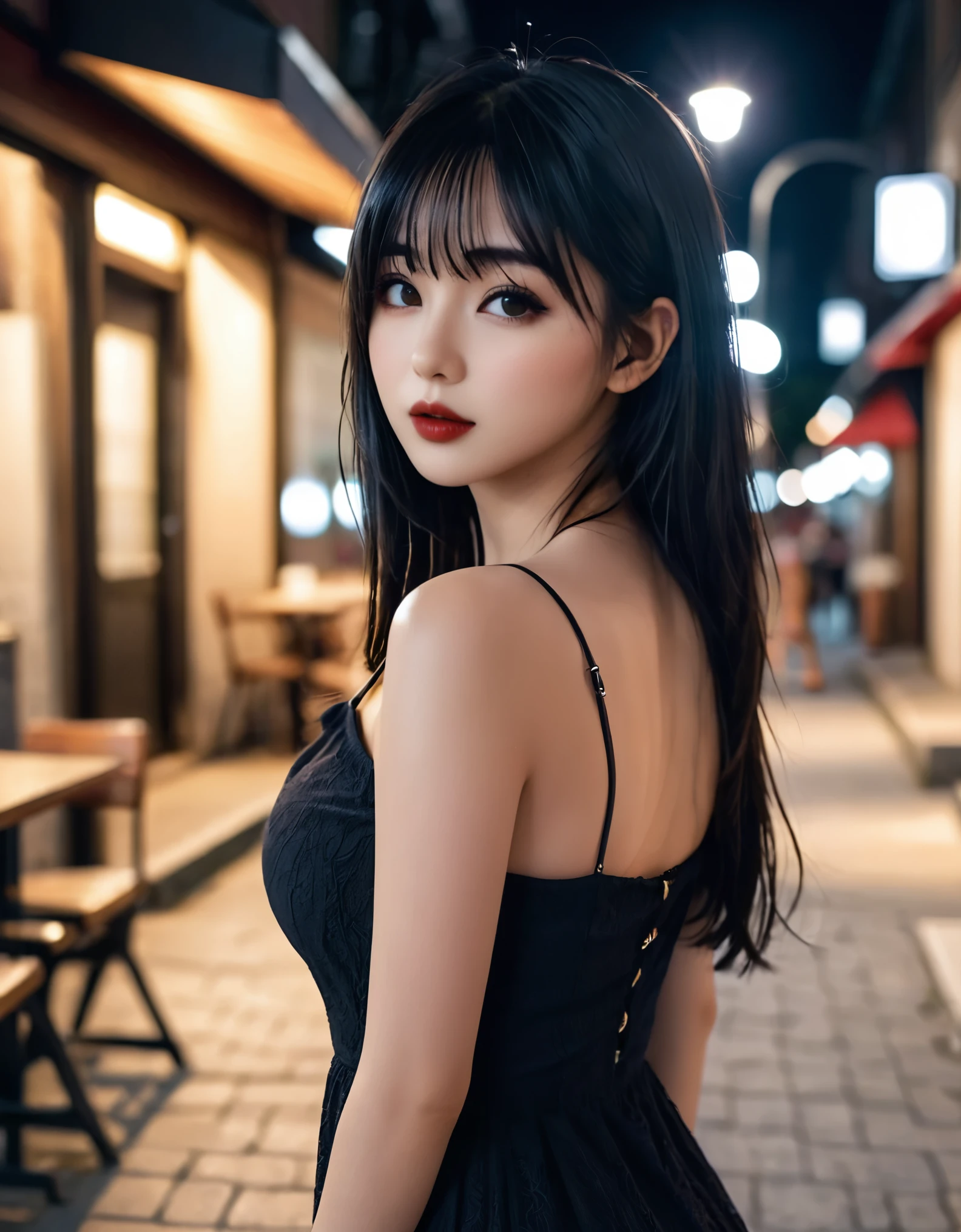 a girl，cute and pretty face，Long straight black hair，Long bangs covering eyes，long eyelashes，(Fine eyes)，small eyes，(half-closed eyes)，(Dark lipstick)，(Dark eyeshadow)，Slim body，Huge breasts，Slender limbs，spaghetti strap dress，outside an old coffee shop，night，clean focus，shallow Depth of Field，Ultra-detailed faces，very beautiful face，Extremely high texture skin，Look to viewer，little smirk，beautiful legs，seductive，femainine pose，(realistic ，realistic-photo，RAW photo，8K original)，lens flare，film grain，artistic photography，UHD，highres，masterpiece，retina，