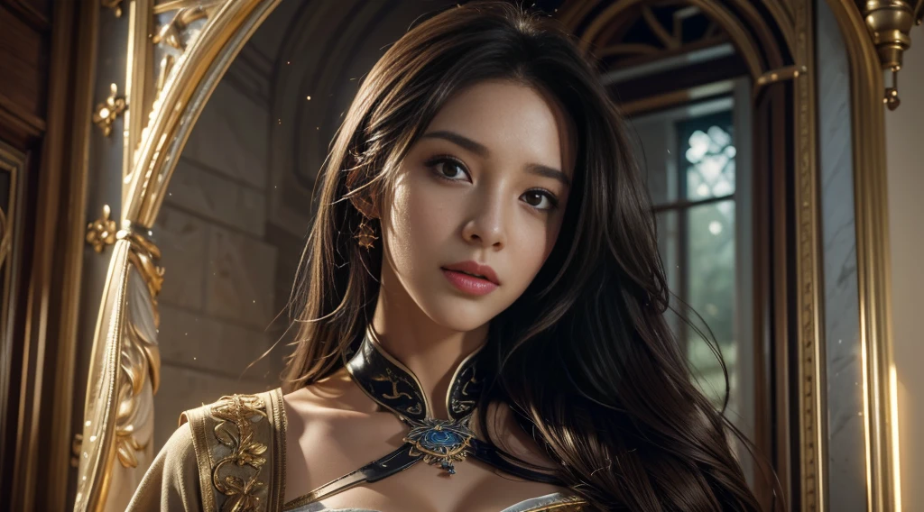 masterpiece,quality,Best quality,official art,(Beauty and aesthetics:1.2),(masterpiece:1.3), (8K, Realistically, RAW photo quality is the best: 1.4), Beautiful face, (Realistic face),Ultra-high resolution, Ultra-realistic photos, The content is very detailed, Golden Ratio, (Energetic:1.3),(saturation:1.3),Unreal Engine, (High Detail: 1.9),(woman:1.4),(Sexy body),Mature woman,Gorgeous wizard robe,Half-length portrait,drama,(magic),(:1.8)