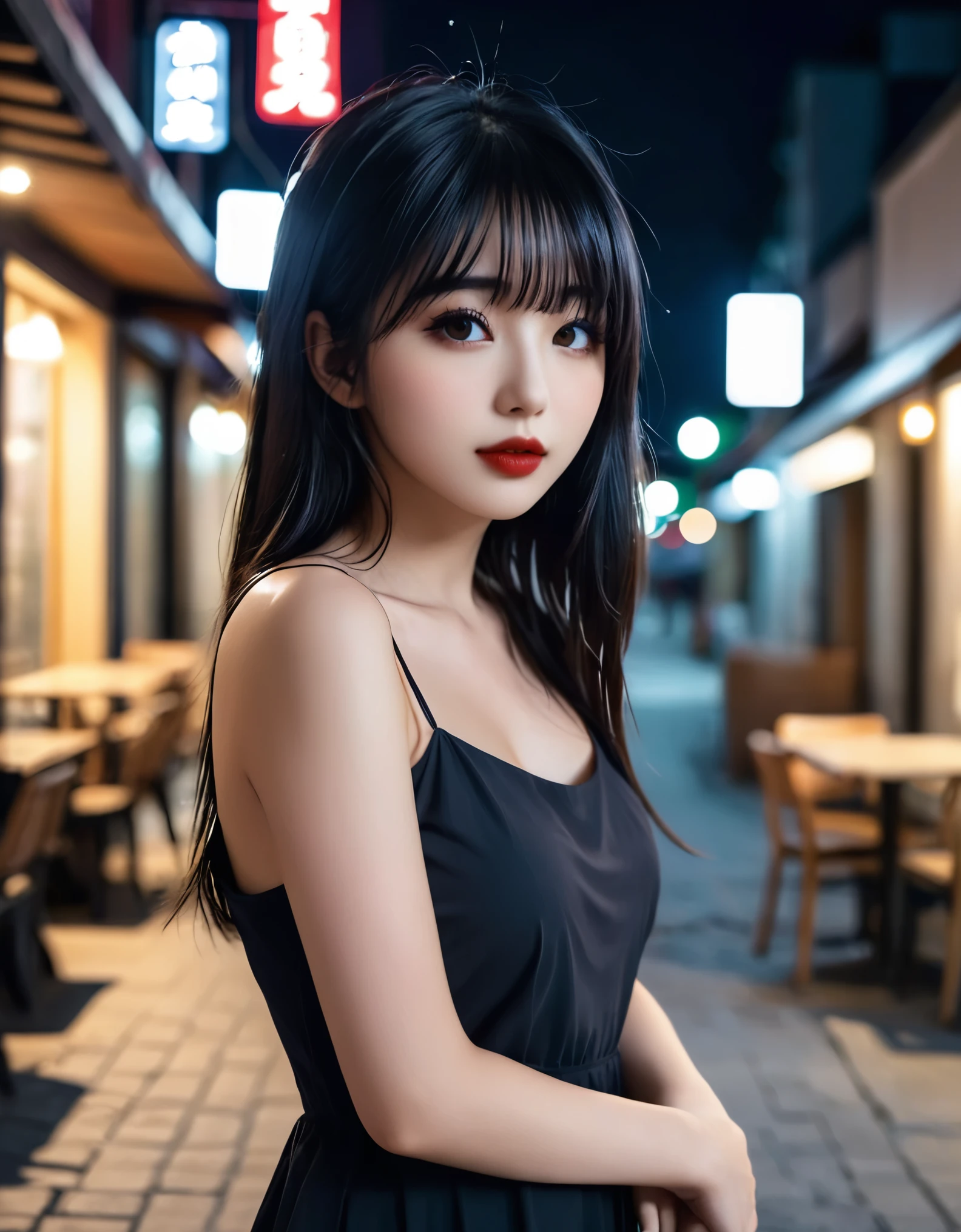 a girl，cute and pretty face，Long straight black hair，Long bangs covering eyes，long eyelashes，(Fine eyes)，small eyes，(half-closed eyes)，(Dark lipstick)，(Dark eyeshadow)，Slim body，Huge breasts，Slender limbs，spaghetti strap dress，outside an old coffee shop，night，clean focus，shallow Depth of Field，Ultra-detailed faces，very beautiful face，Extremely high texture skin，Look to viewer，little smirk，beautiful legs，seductive，femainine pose，(realistic ，realistic-photo，RAW photo，8K original)，lens flare，film grain，artistic photography，UHD，highres，masterpiece，retina，