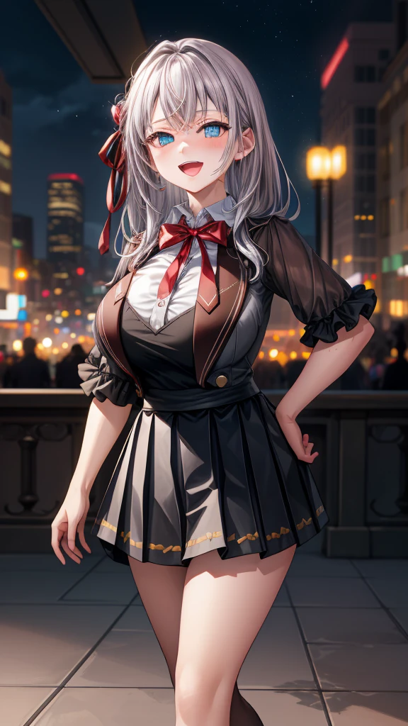 Alisa Kujou,
(night:1.7), 1 girl standing at attention, 25 years,young female,beautiful Finger, beautiful long legs ,beautiful body ,beautiful Nose ,beautiful character design, Perfect eyes, perfect face,
There is an anime girl., 1 girl, thighs, Alone, (very short skirt:1.4), Blue eyes, old, black dress ,elegant , long socks (short dress) , neckline, bow, hand on hip, blush, black thighs, bowtie, inside, brown shoes, The Great Passage, moccasins, Shoes, large old, looking at the viewer, take half distance, close up shot of open mouth, thighs,
looking at the viewer, smile, greeting the viewer, In the center of the image, Fondo de pantalla CG unity 8K extremadamente detallado, Perfect lighting,showy, bright_forehead_face_Lightinasterpiece:1.0),(better_quality:1.0), ultra high resolution,4k,ultra detailed,
Photography, 8K, HDR, high resolution, absurdities:1.2, codas portrait, film grain, blurred background, bokeh:1.2, Lens flare, (Vibrant_Color:1.2)
, (beautiful_face:1.5),(narrow_waist), (beautiful,huge_old:1.3)