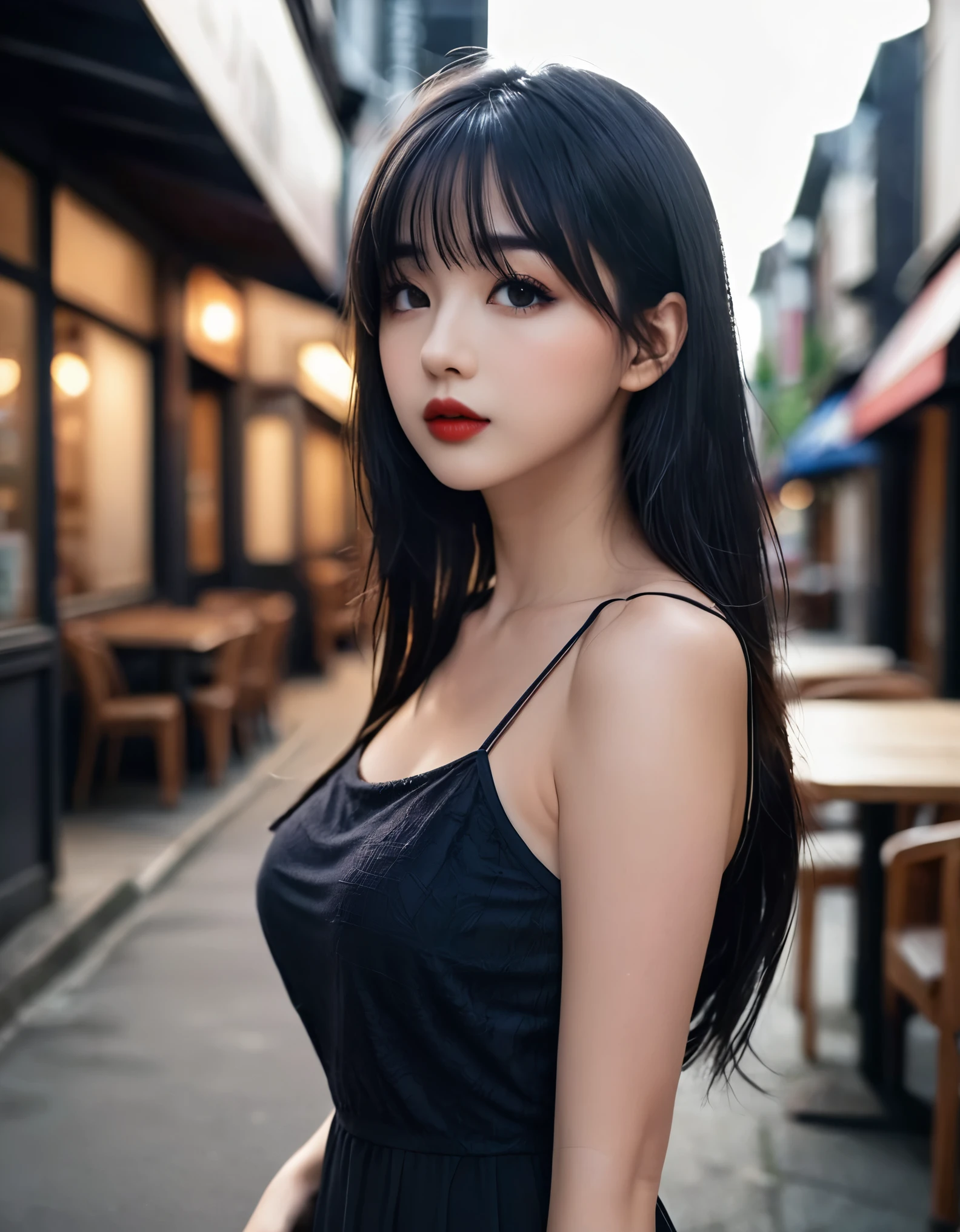 a girl，cute and pretty face，Long straight black hair，Long bangs covering eyes，long eyelashes，(Fine eyes)，small eyes，(half-closed eyes)，(Dark lipstick)，(Dark eyeshadow)，Slim body，Huge breasts，Slender limbs，spaghetti strap dress，outside an old coffee shop，night，clean focus，shallow Depth of Field，Ultra-detailed faces，very beautiful face，Extremely high texture skin，Look to viewer，little smirk，beautiful legs，seductive，femainine pose，(realistic ，realistic-photo，RAW photo，8K original)，lens flare，film grain，artistic photography，UHD，highres，masterpiece，retina，