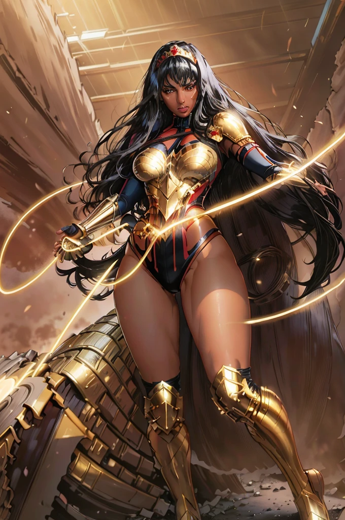 Anime sexy wonder woman, Yara Flor, (Dark-skinned female), black hair, long hair, tiara, leotard, armor, mole under eye, gold boots,