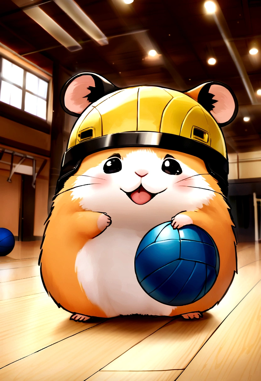 happy hamster, Having a volleyball, Wear a helmet on your head, gym