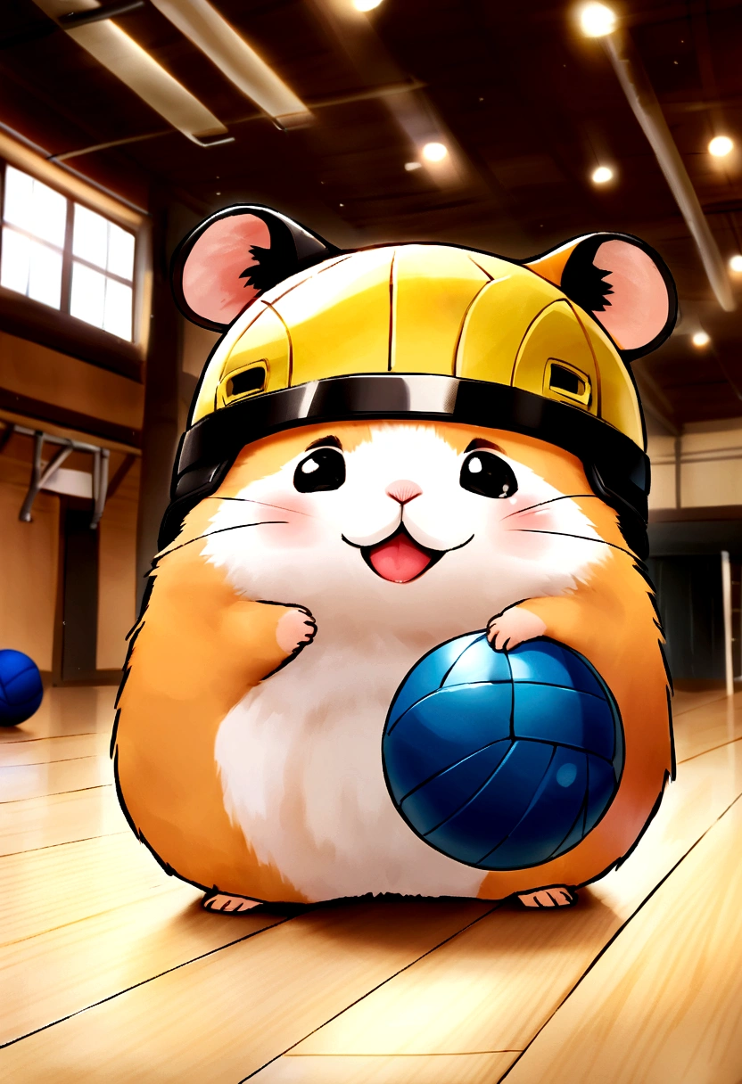 happy hamster, Having a volleyball, Wear a helmet on your head, gym