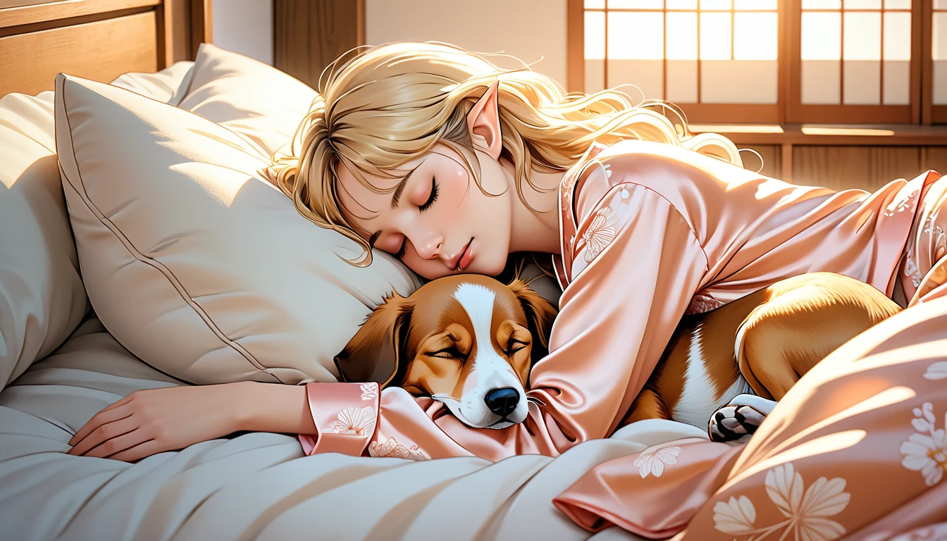 Japanese animation style, digital illustration of an adult elf woman sleeping face down on a large bed, she is wearing elegant silk pajamas, relaxed expression, long loosely wavy blonde hair, sleeping with her pet dog, the dog is curled up on her and sleeping, soft morning light pours in, calm atmosphere, detailed and clear drawing, warm and gentle colors, drawn from a bird's-eye perspective (Highest quality, 8K quality, masterpiece: 1.3, high resolution, tabletop: 1.2, ),(perfect face with every detail), normal hands: 1.5, normal fingers: 1:5, normal legs: 1.5