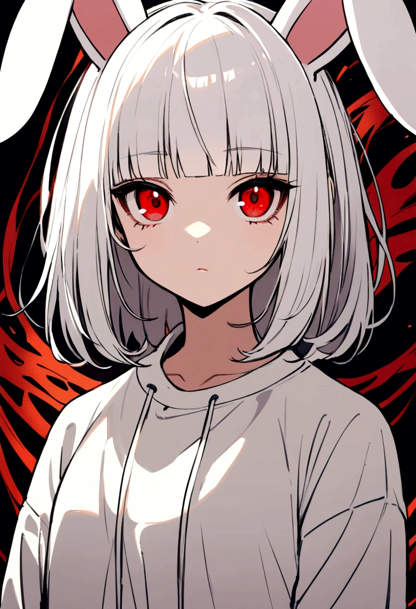 Girl with bunny ears white hair with bangs wearing sweatshirt half body Cartoon Red eyes