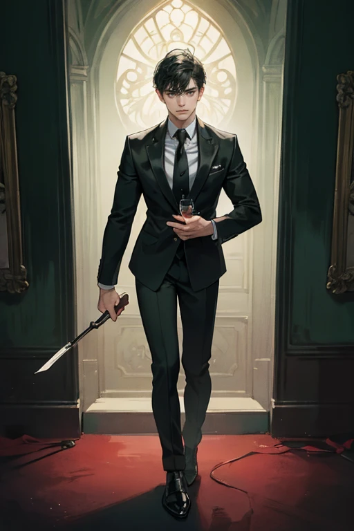 ((One young man with a black suit and tie)), gotham, alejandro, (((side swept black short hair))), (dark green eyes and thick eyebrows), smirk, ((20 years old)), ((masterpiece)), posture dynamic, cinematic lighting, hold a glass of wine