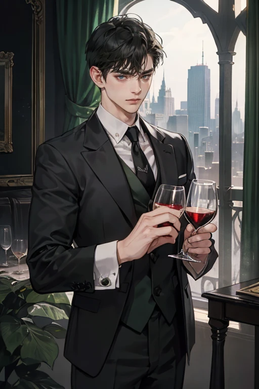 ((One young man with a black suit and tie)), gotham, alejandro, (((side swept black short hair))), (dark green eyes and thick eyebrows), smirk, ((20 years old)), ((masterpiece)), posture dynamic, cinematic lighting, hold a glass of wine