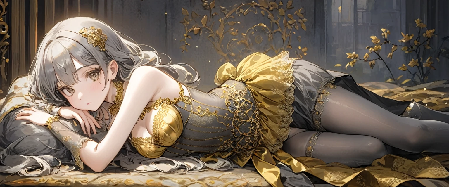 Girls in the Middle Ages、 Gold and silver embroidery、In underwear、Knee-length semi-transparent bloomers（With gold and silver lace）Wearing、Wearing a semi-transparent corset、 Grey translucent tights、Lying down