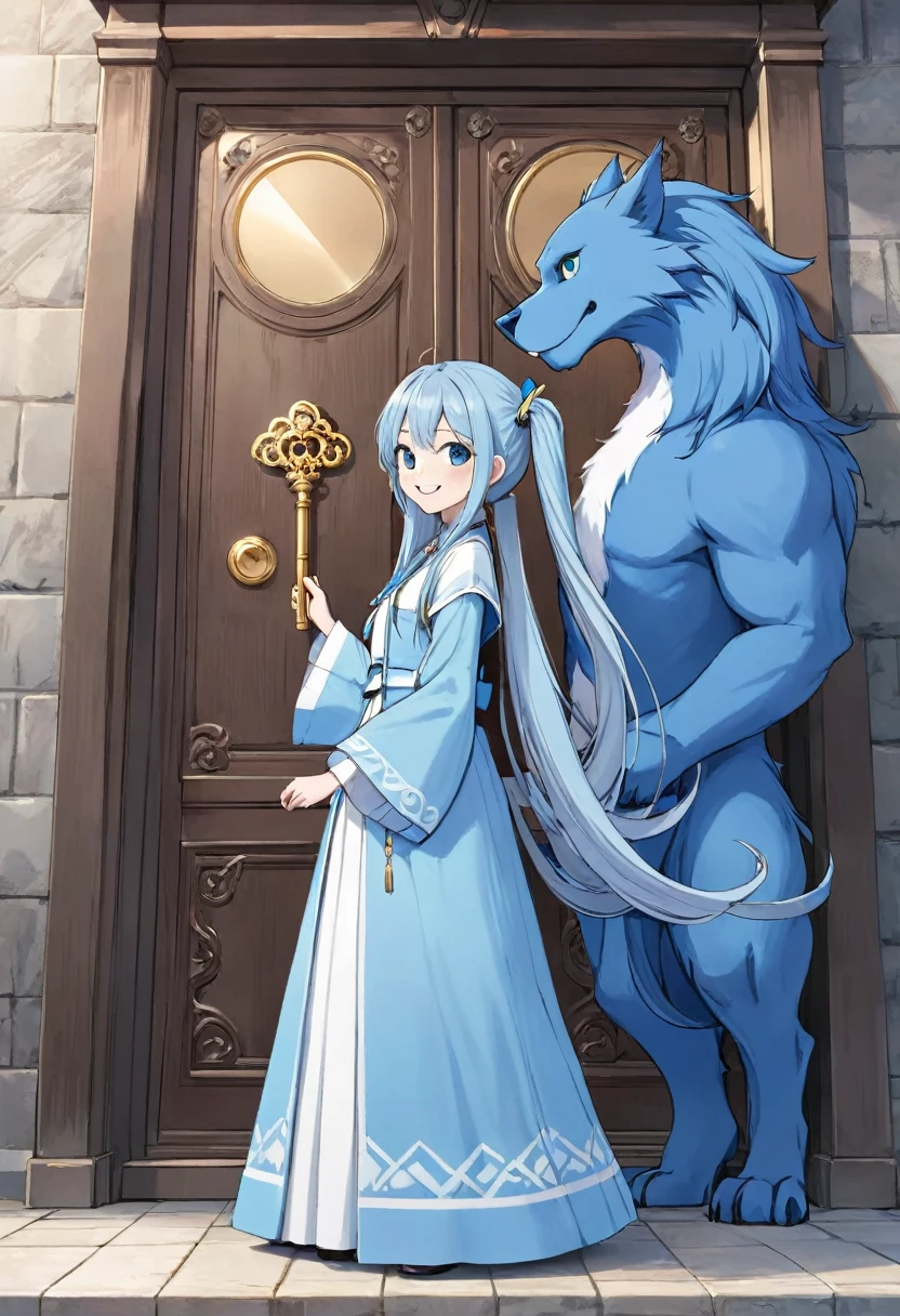 Light blue long hair、Twin-tailed Girl、holding a big key、Bright smile、Standing in front of a large magical door guarded by a blue beast、The beast is heading this way、profile、