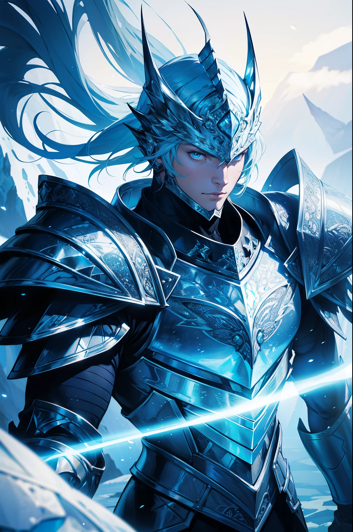 Ice knight, man with fine armor, intricate design, ocean blue details, silk, cinematic lighting, 4k, floating hair, sharp, prism, shining knight. Man with details armor.