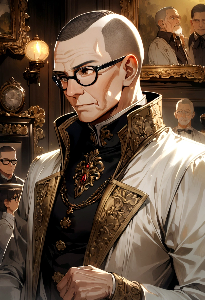 60 year old man with crew cut, brown eyes, black glasses, black high collar long sleeve shirt, white jacket, likes antique