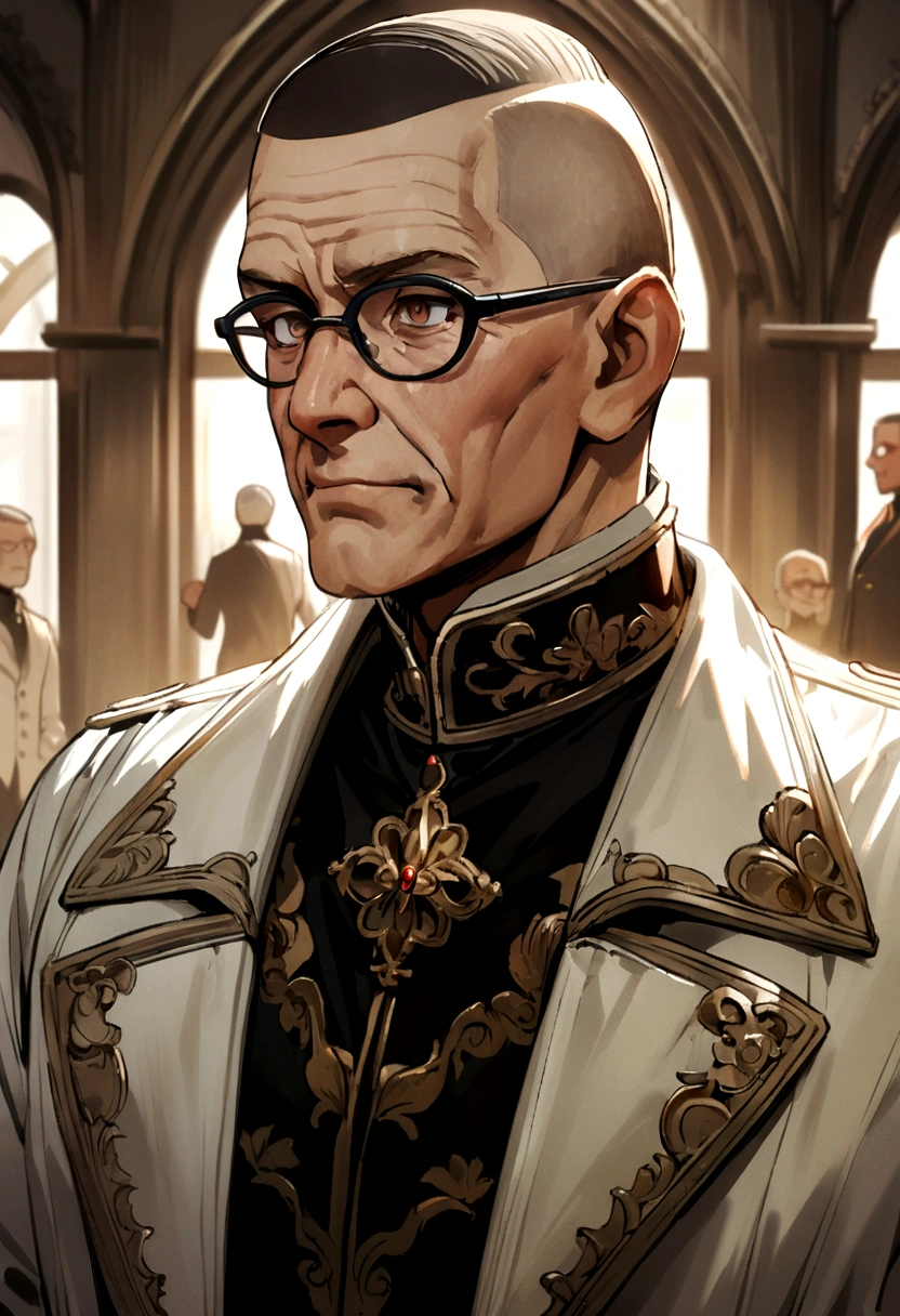 60 year old man with crew cut, brown eyes, black glasses, black high collar long sleeve shirt, white jacket, likes antique