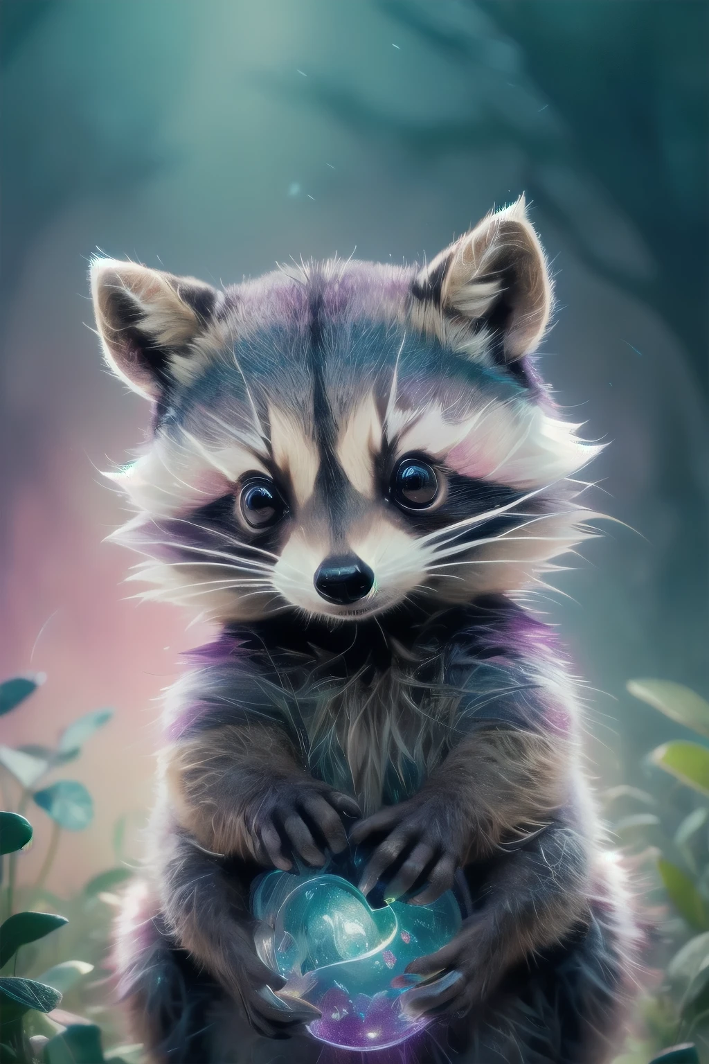 Cute raccoon in a surreal, dreamy fantasy scene、Detailed digital illustration、8K、Very detailed、Very realistic、Photorealistic、Bright colors、Dramatic lighting、Intricate details、Whimsical、magical realism、Soft pastel tones、Shine、Ethereal、Mysterious、Mysterious、Imaginative、Conceptual