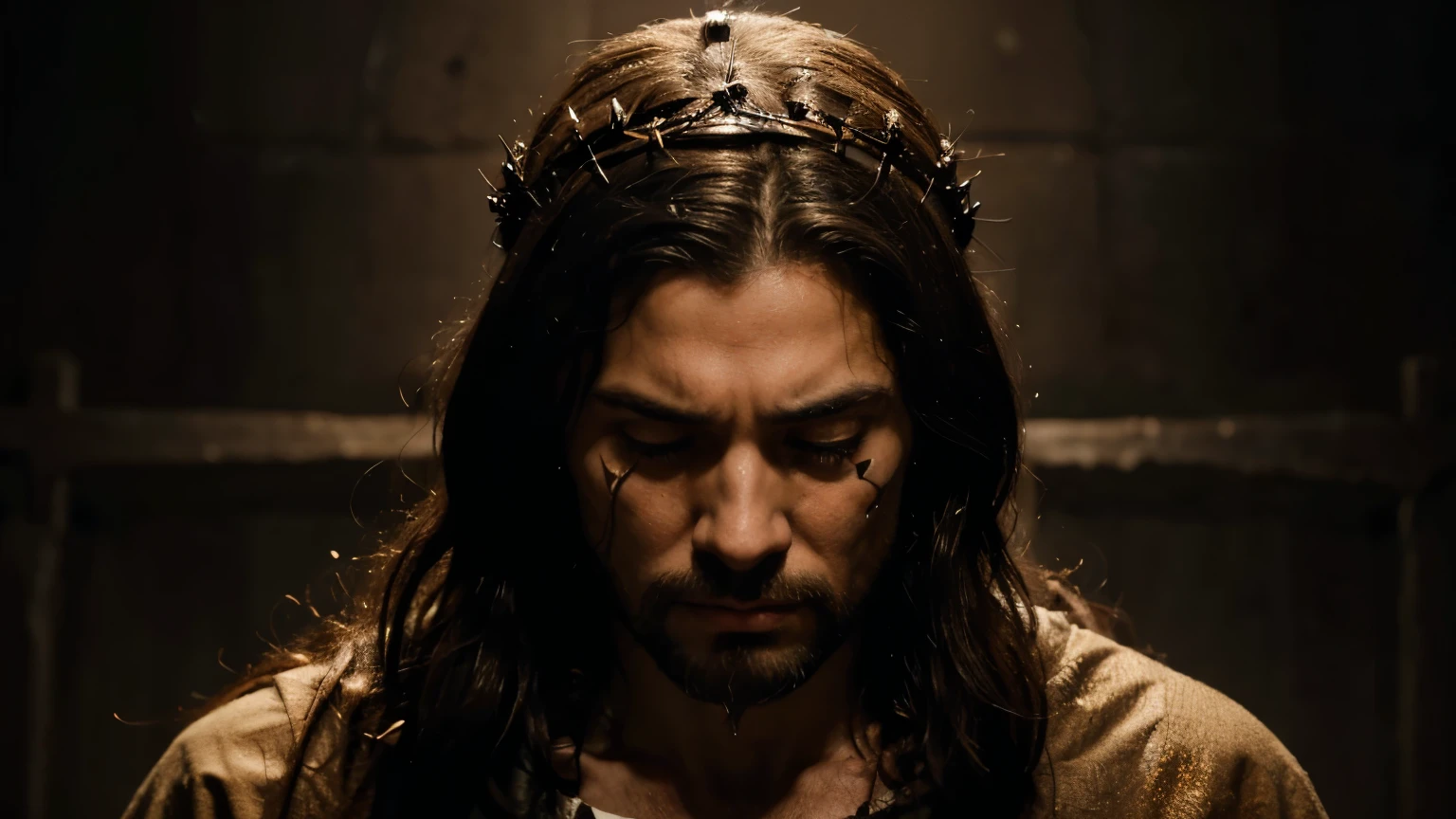 Draw a picture of Jesus with an expression of deep pain and suffering. Show the marks of the crucifixion, with a crown of thorns on his head. Your eyes should reflect sadness and compassion. Use a dark background to intensify the atmosphere of sacrifice and suffering. The image should convey the depth of your pain, but also the strength of your love and sacrifice. Jesus must be standing