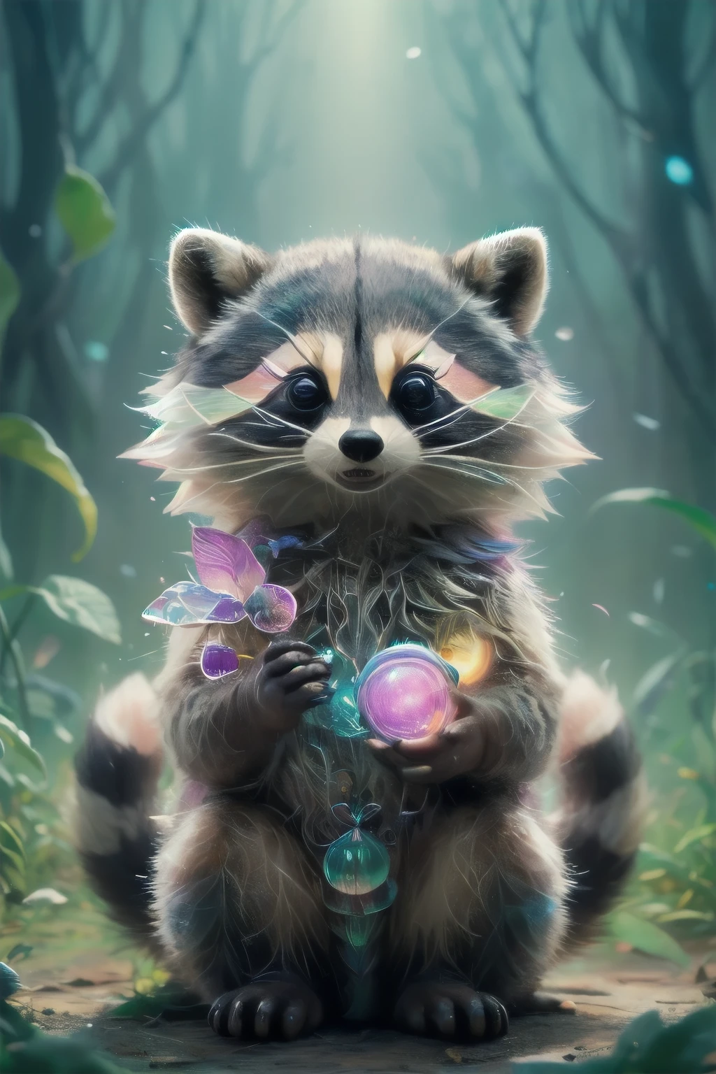 Cute raccoon in a surreal, dreamy fantasy scene、Detailed digital illustration、8K、Very detailed、Very realistic、Photorealistic、Bright colors、Dramatic lighting、Intricate details、Whimsical、magical realism、Soft pastel tones、Shine、Ethereal、Mysterious、Mysterious、Imaginative、Conceptual
