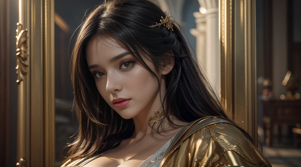 masterpiece,quality,Best quality,official art,(Beauty and aesthetics:1.2),(masterpiece:1.3), (8K, Realistically, RAW photo quality is the best: 1.4), Beautiful face, (Realistic face),Ultra-high resolution, Ultra-realistic photos, The content is very detailed, Golden Ratio, (Energetic:1.3),(saturation:1.3),Unreal Engine, (High Detail: 1.9),(woman:1.4),(Sexy body),Mature woman,Gorgeous wizard robe,Half-length portrait,drama,(magic),(:1.8)