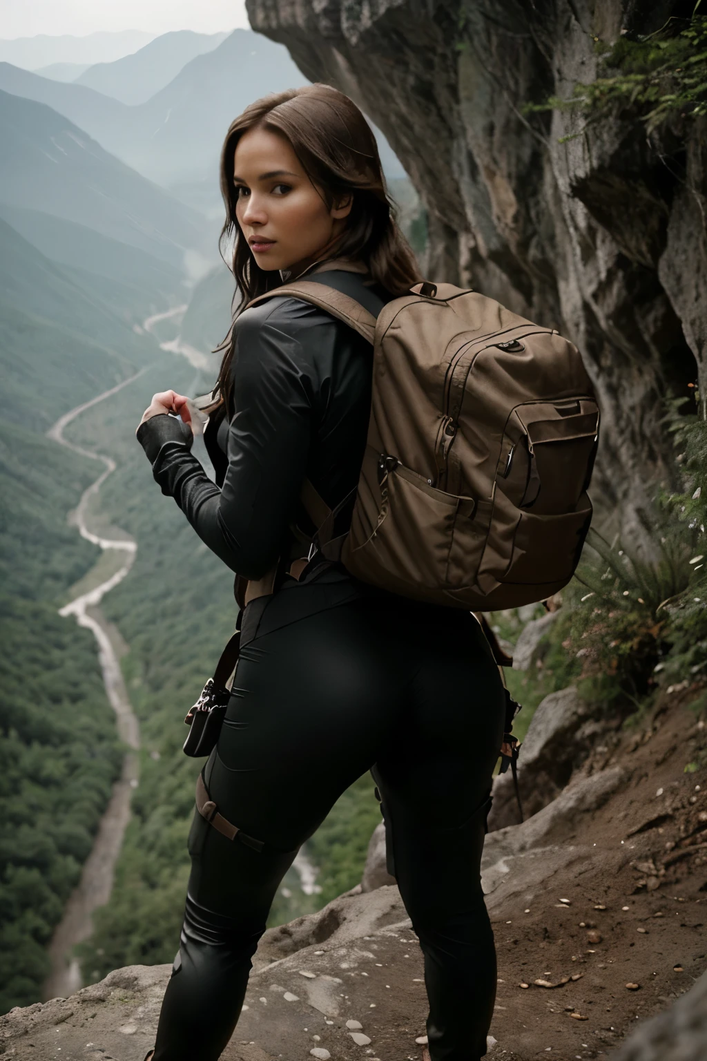 woman as tomb raider, tight outfit, stretch outfit, view from back, a striking 22-year-old American model with light brown hair , wavy hair, 172 height, full body photo, cute faces, girlfriend, brunette and attractive features, clean beautiful symmetrical face, Des traits du visage parfaits, Perfectly clean the symmetrical face, magnifique visage attrayant, thick hair, Escalade up a steep cliff with a backpack, katniss everdeen rock Escalade, grimpeur, rock Escalade, rock grimpeur, Victoria Siemer, realy tiny tight ouftit, Image from the film of 'Tomb Raider', Escalade, Escalade up a cliffside, extrait d'un film d'action en direct, rock grimpeurs Escalade, vue du coprs total, view from back, perfect ass, beautiful ass, posing horny, view from the back