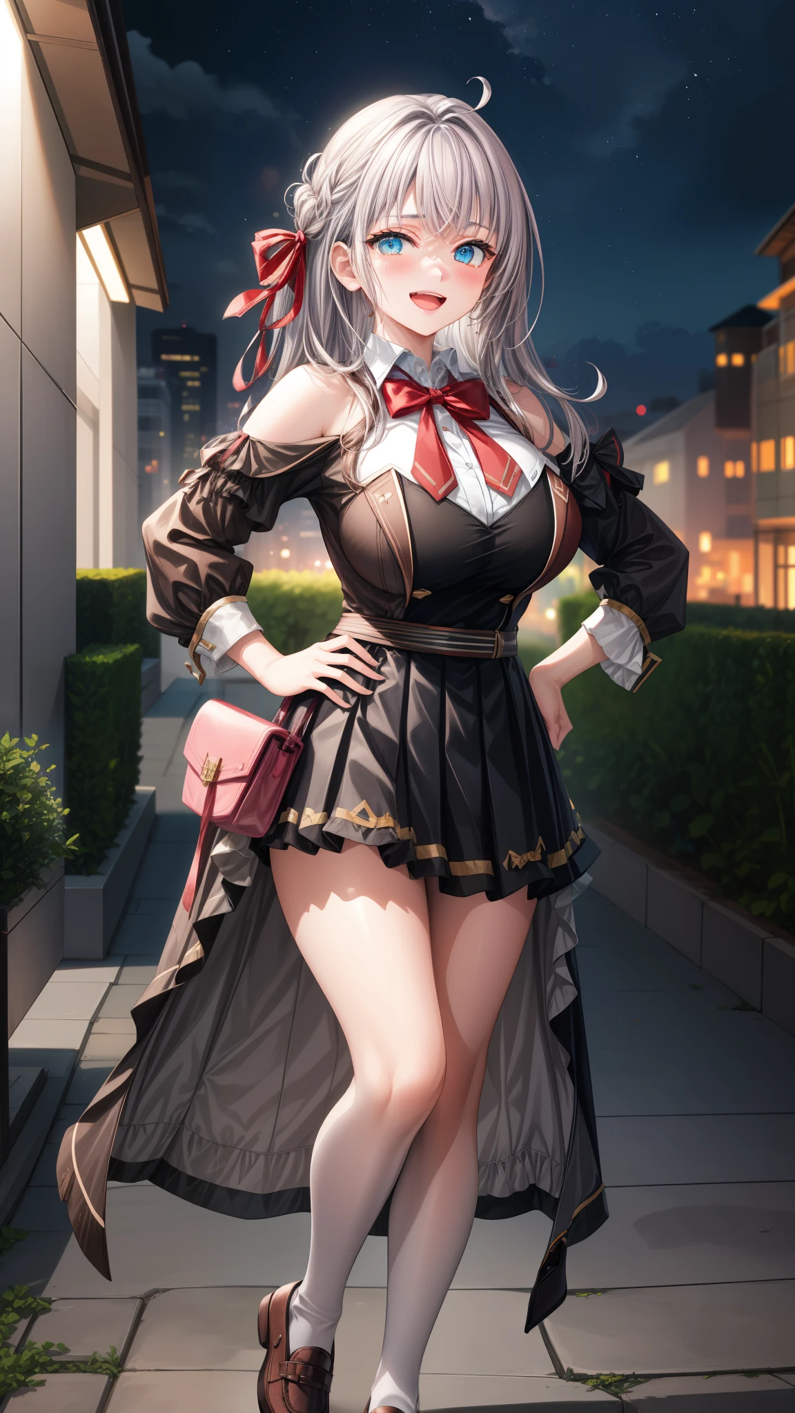 Alisa Kujou, 

(night:1.7), 1 girl standing at attention, 22 years,young female,beautiful Finger, beautiful long legs ,beautiful body ,beautiful Nose ,beautiful character design, Perfect eyes, perfect face,

There is an anime girl., 1 girl, thighs, Alone, (very short skirt:1.4), Blue eyes, old, black dress ,elegant , long socks (short dress)  , neckline, bow, hand on hip, blush, black thighs, bowtie, inside, brown shoes, The Great Passage, moccasins, Shoes, large old, looking at the viewer, take half distance, close up shot of open mouth, thighs,

looking at the viewer, smile, greeting the viewer, In the center of the image, Fondo de pantalla CG unity 8K extremadamente detallado, Perfect lighting,showy, bright_forehead_face_Lightinasterpiece:1.0),(better_quality:1.0), ultra high resolution,4k,ultra detailed,
Photography, 8K, HDR, high resolution, absurdities:1.2, codas portrait, film grain, blurred background, bokeh:1.2, Lens flare, (Vibrant_Color:1.2)
, (beautiful_face:1.5),(narrow_waist), (beautiful,huge_old:1.3)