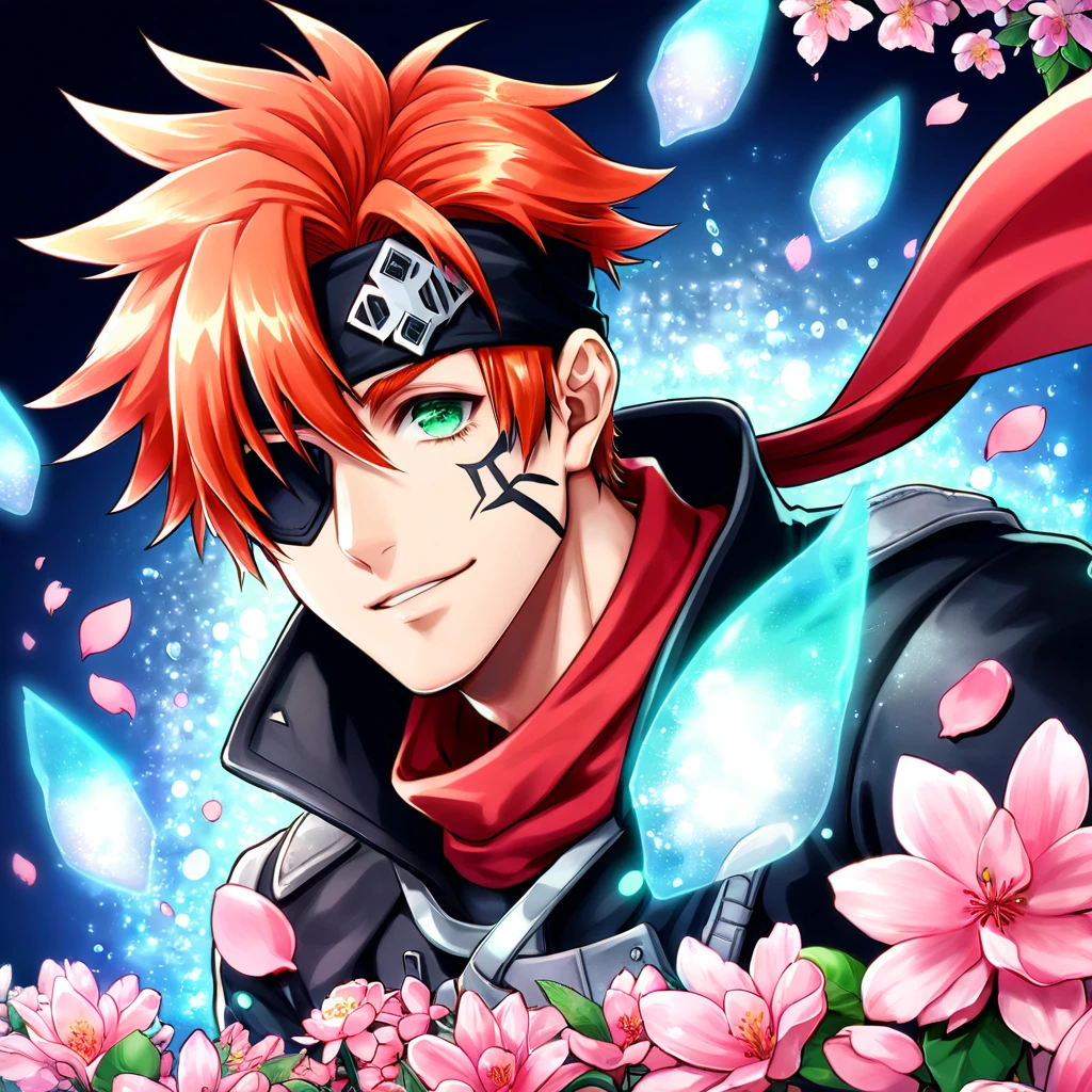 Ultra detailed, Highres, absurdres, HDR, Lavi bookman, orange hair, expressive green eye, black eye patch, D.Gray-man, red scarf, black jacket, black headband, fantasy, handsome, sexy man, solo, very detailed eyes and face, master piece, pink flowers, blossoms, pink petals, magical, water, handsome smile, shining blue fireflies,