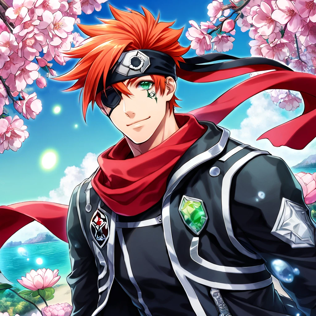 Ultra detailed, Highres, absurdres, HDR, Lavi bookman, orange hair, expressive green eye, black eye patch, D.Gray-man, red scarf, black jacket, black headband, fantasy, handsome, sexy man, solo, very detailed eyes and face, master piece, pink flowers, blossoms, pink petals, magical, water, handsome smile, shining blue fireflies,