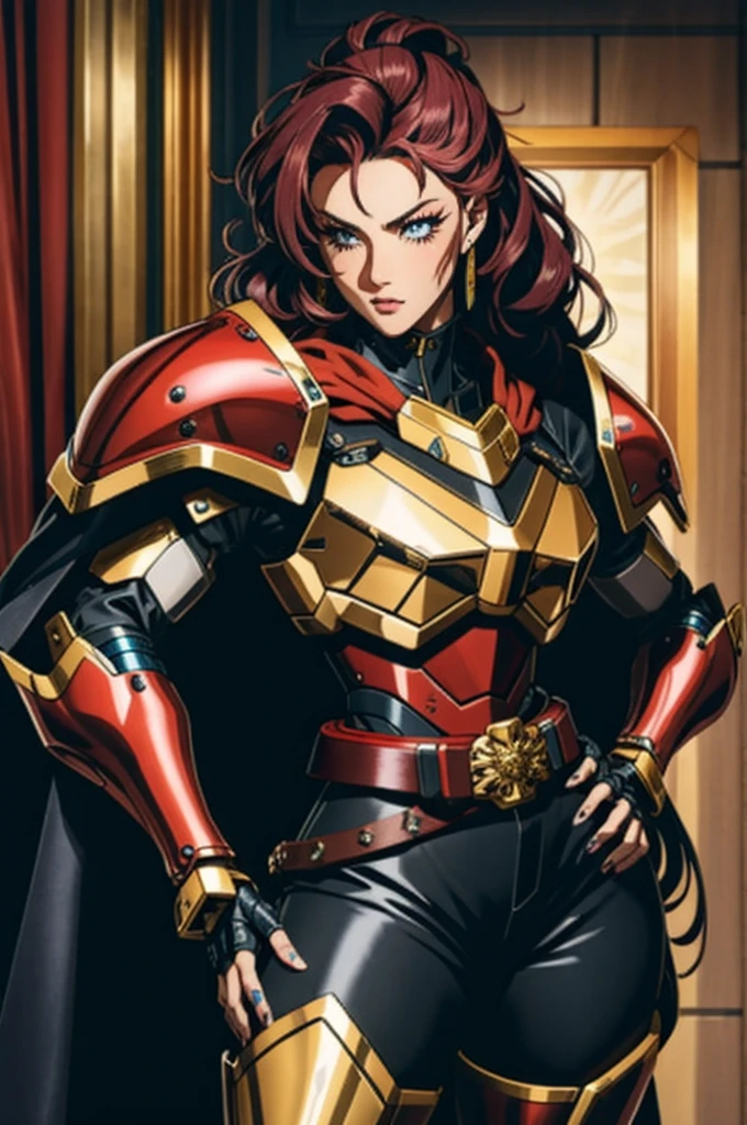 (masterpiece:1.2),(best quality:1.2), cyberpunk,mecha girl,perfect eyes,perfect face,volumetric lighting,1girl,tall mature female warrior,muscular,long hair,pompadour cut,heavy mecha armor,huge pauldrons,gauntlets,cloak,belt,spear,leather pants,stern expression,makeup,lipstick,eyeshadow,mascara,thick eyelashes,dark fantasy,outdoor,detailed background,hand on hip