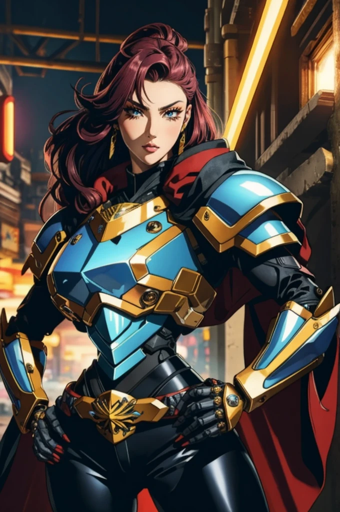 (masterpiece:1.2),(best quality:1.2), cyberpunk,mecha girl,perfect eyes,perfect face,volumetric lighting,1girl,tall mature female warrior,muscular,long hair,pompadour cut,heavy mecha armor,huge pauldrons,gauntlets,cloak,belt,spear,leather pants,stern expression,makeup,lipstick,eyeshadow,mascara,thick eyelashes,dark fantasy,outdoor,detailed background,hand on hip